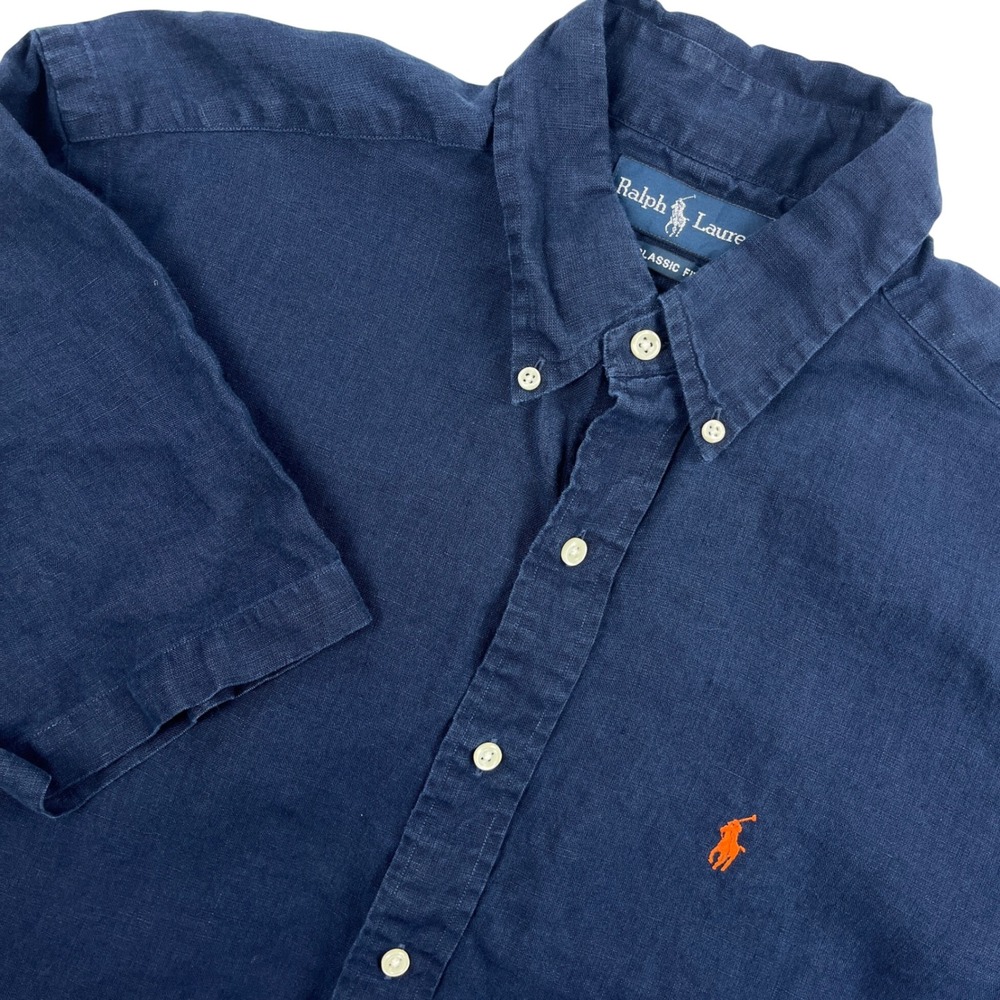 Ralph Lauren Mens Navy Blue 100% Linen Short Sleeve Button Down Shirt  Medium